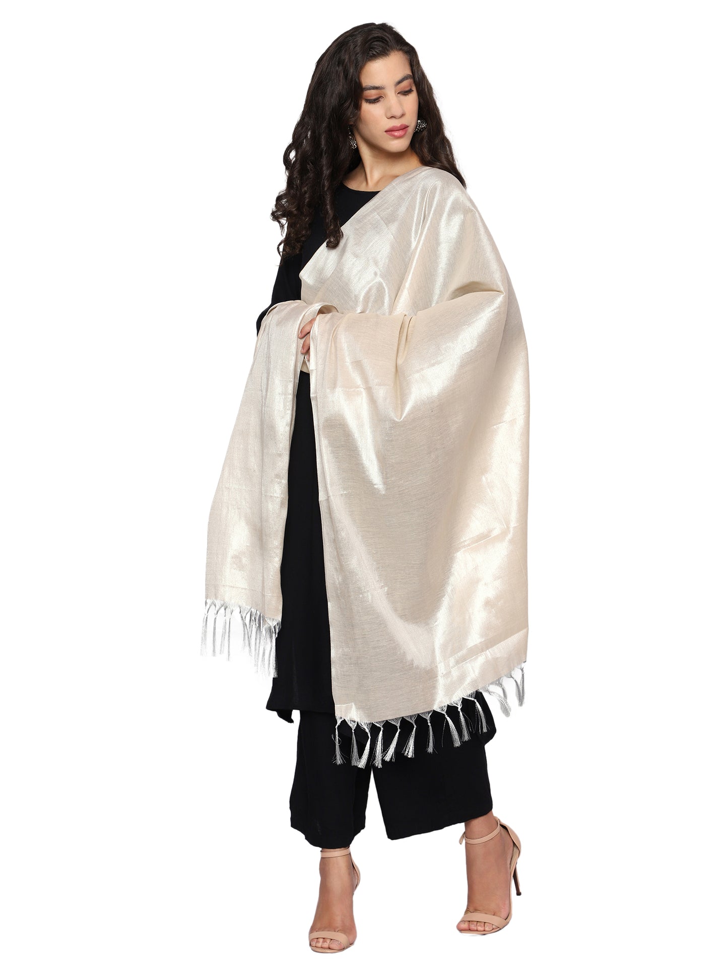 Women's Soild Silk Plain Dupatta - Silver/Cream