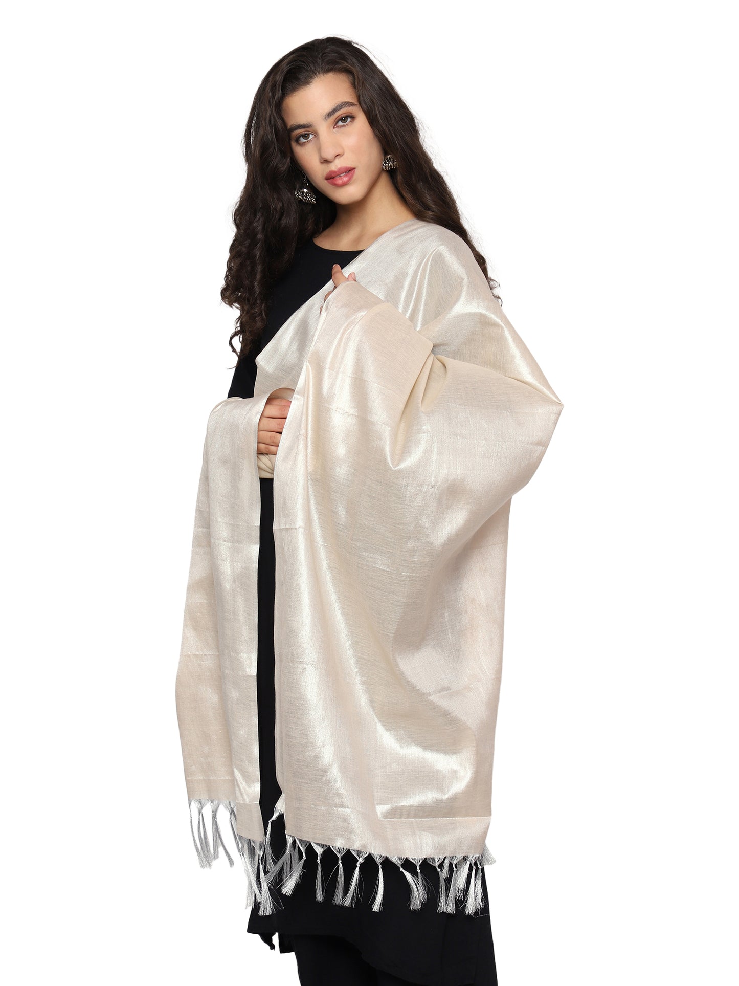 Women's Soild Silk Plain Dupatta - Silver/Cream