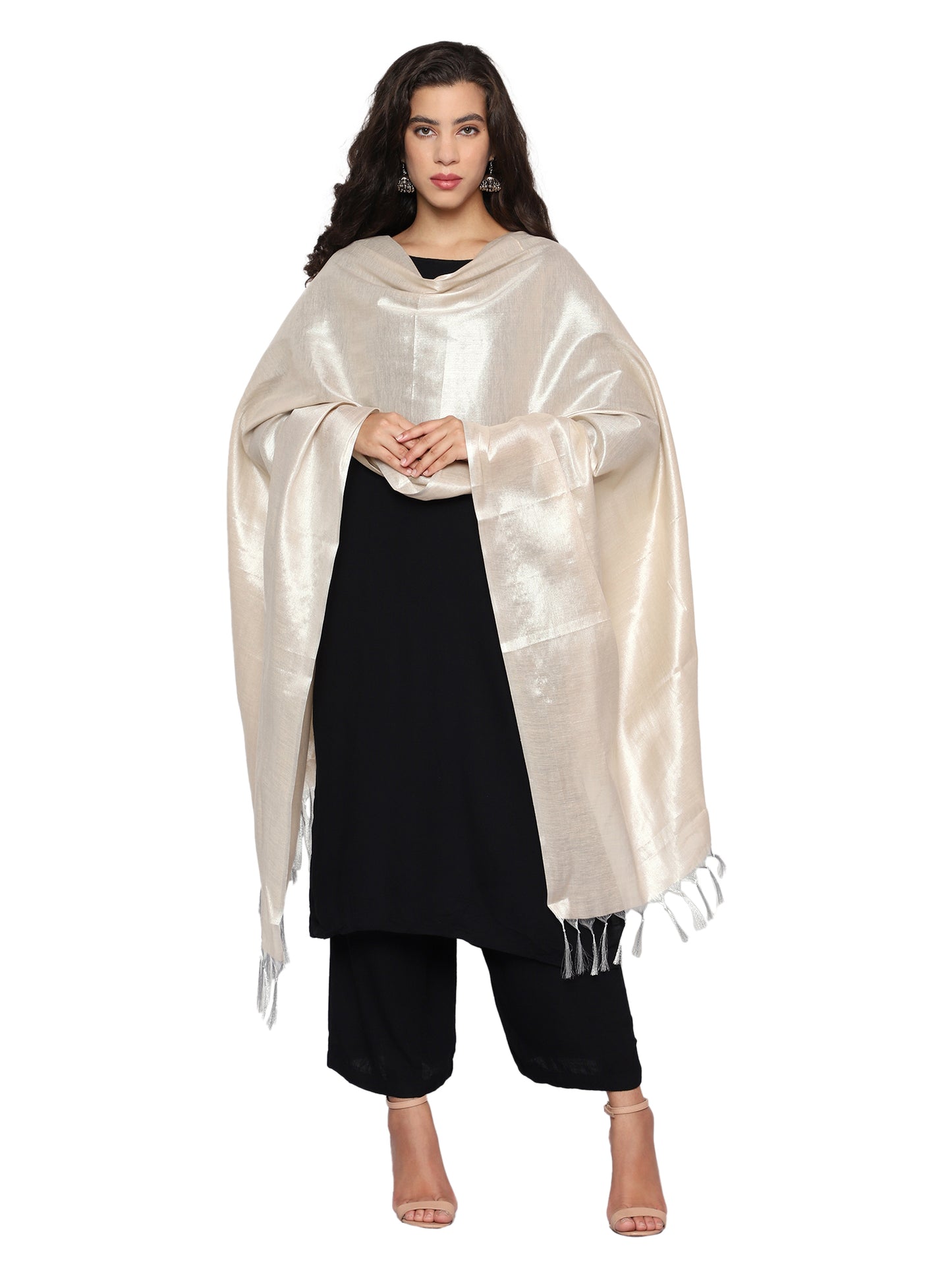 Women's Soild Silk Plain Dupatta - Silver/Cream