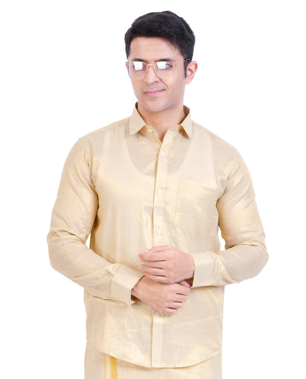 Fashily Men's Soft Tissue Ethnic Regular Fit Shirt - Gold Full Sleeve