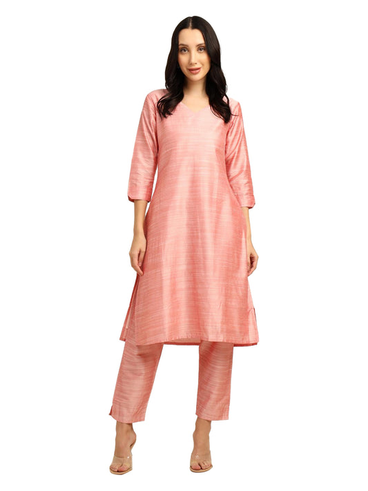 Fashily Women's V-Neck Semi Raw Silk Straight Kurti with Pant Set | Plain Silk Blend Coord set for Women | 3/4 Sleeve Kurti with Lining Attached