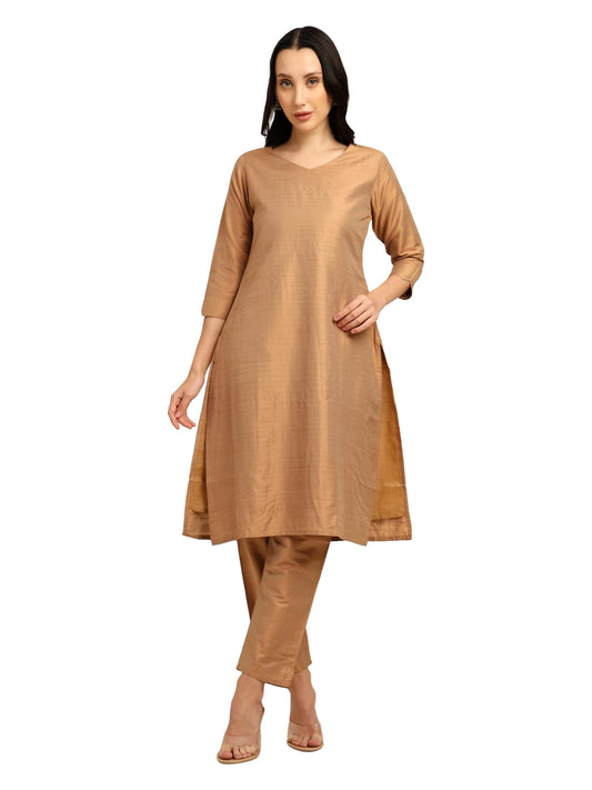 Fashily Women's V-Neck Semi Raw Silk Straight Kurti with Pant Set | Plain Silk Blend Coord set for Women | 3/4 Sleeve Kurti with Lining Attached