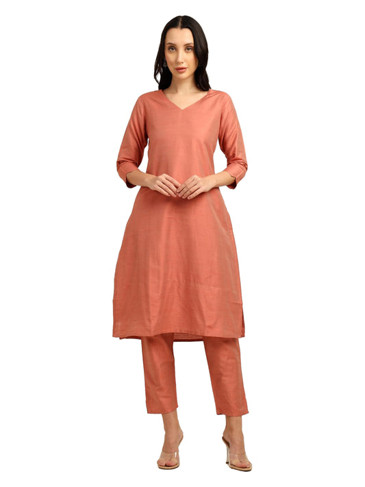Fashily Women's V-Neck Semi Raw Silk Straight Kurti with Pant Set | Plain Silk Blend Coord set for Women | 3/4 Sleeve Kurti with Lining Attached