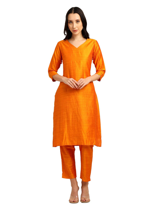 Fashily Women's V-Neck Semi Raw Silk Straight Kurti with Pant Set | Plain Silk Blend Coord set for Women | 3/4 Sleeve Kurti with Lining Attached