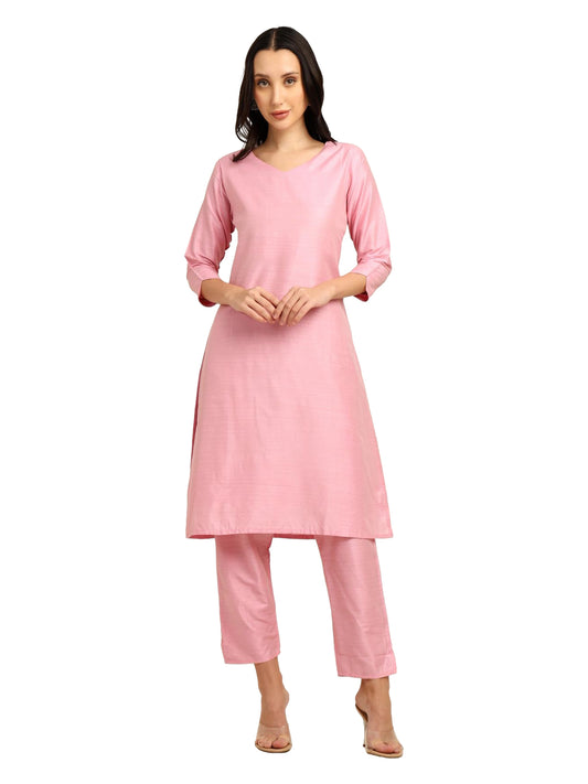 Fashily Women's V-Neck Semi Raw Silk Straight Kurti with Pant Set | Plain Silk Blend Coord set for Women | 3/4 Sleeve Kurti with Lining Attached