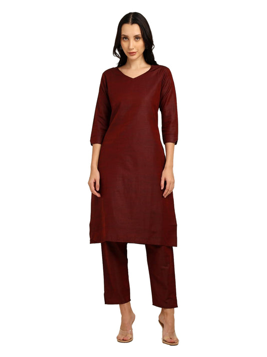 Fashily Women's V-Neck Semi Raw Silk Straight Kurti with Pant Set | Plain Silk Blend Coord set for Women | 3/4 Sleeve Kurti with Lining Attached