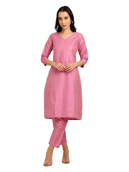 Fashily Women's V-Neck Semi Raw Silk Straight Kurti with Pant Set | Plain Silk Blend Coord set for Women | 3/4 Sleeve Kurti with Lining Attached