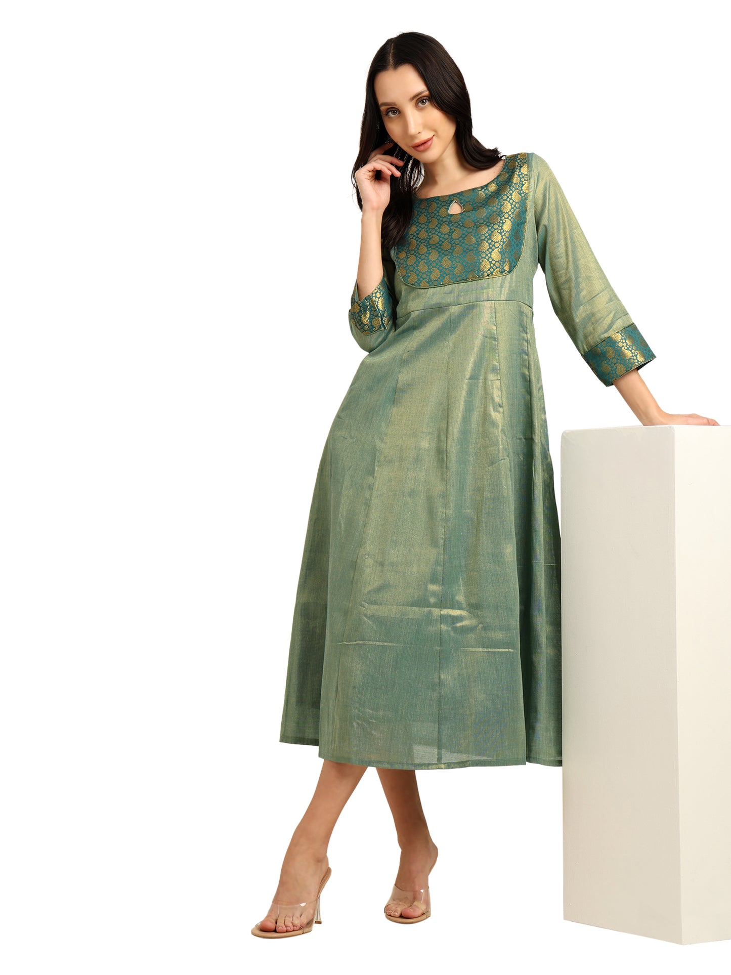 Fashily Women's Jacquard Woven Anarkali Gown | Traditional Indian Dress for Women | Tissue Frock for Women Calf Length