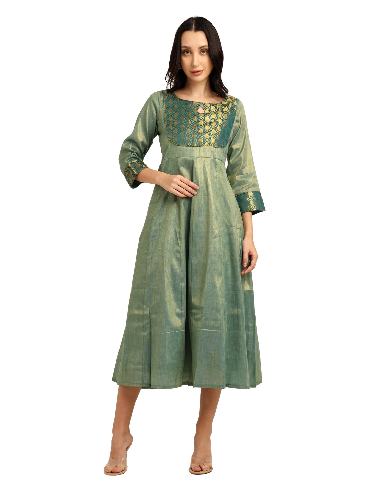 Fashily Women's Jacquard Woven Anarkali Gown | Traditional Indian Dress for Women | Tissue Frock for Women Calf Length