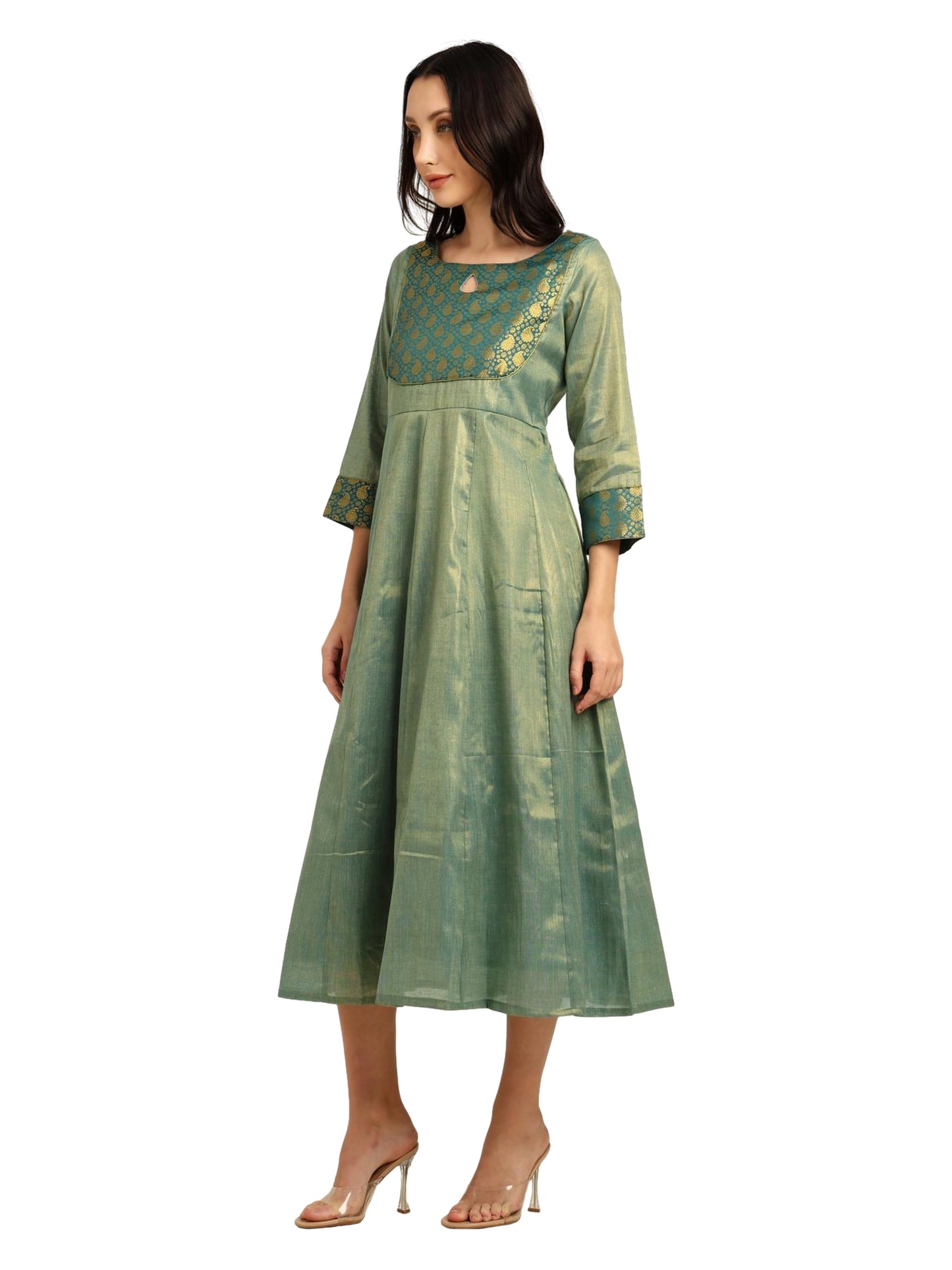 Fashily Women's Jacquard Woven Anarkali Gown | Traditional Indian Dress for Women | Tissue Frock for Women Calf Length