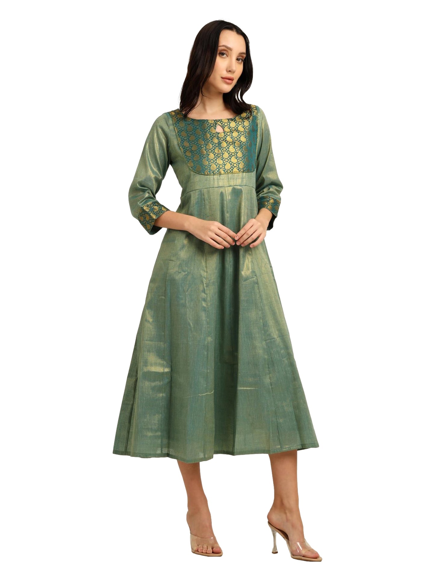 Fashily Women's Jacquard Woven Anarkali Gown | Traditional Indian Dress for Women | Tissue Frock for Women Calf Length