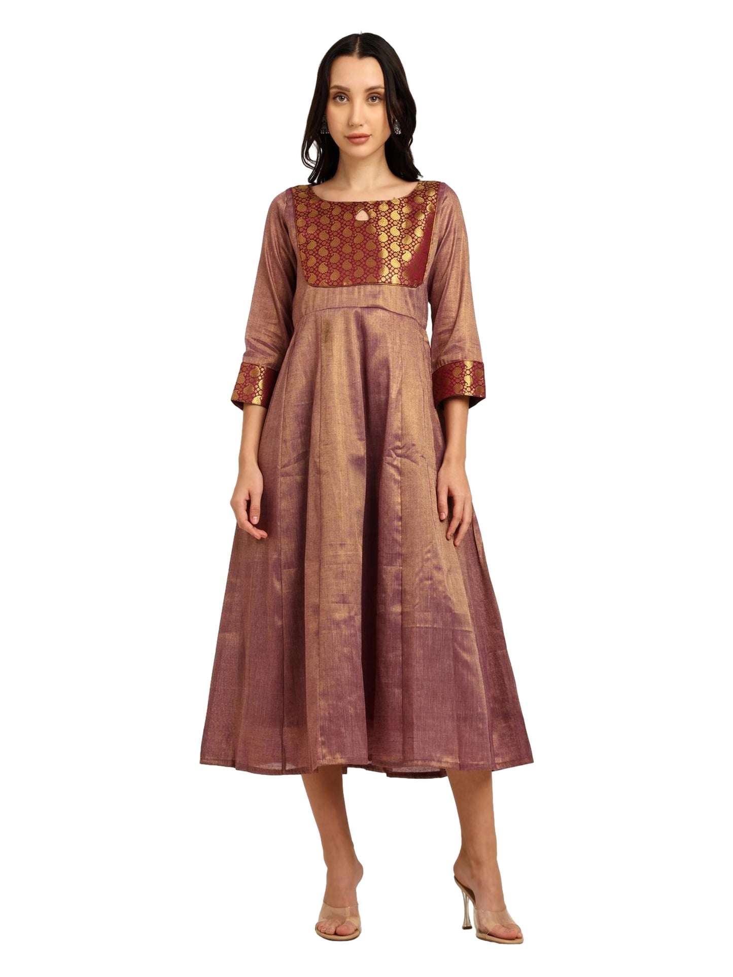 Fashily Women's Jacquard Woven Anarkali Gown | Traditional Indian Dress for Women | Tissue Frock for Women Calf Length