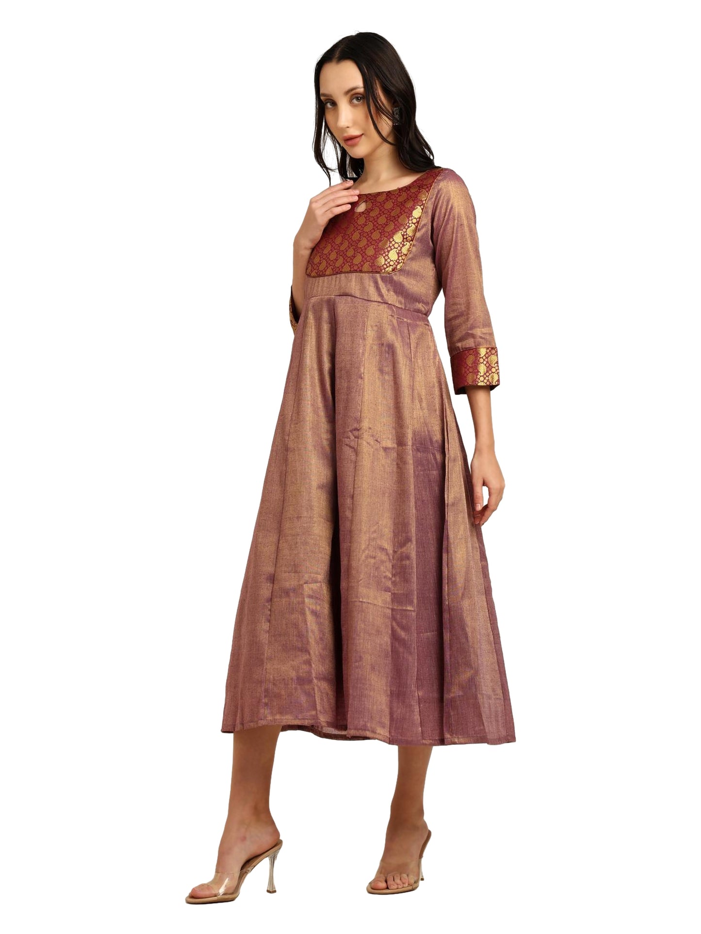 Fashily Women's Jacquard Woven Anarkali Gown | Traditional Indian Dress for Women | Tissue Frock for Women Calf Length