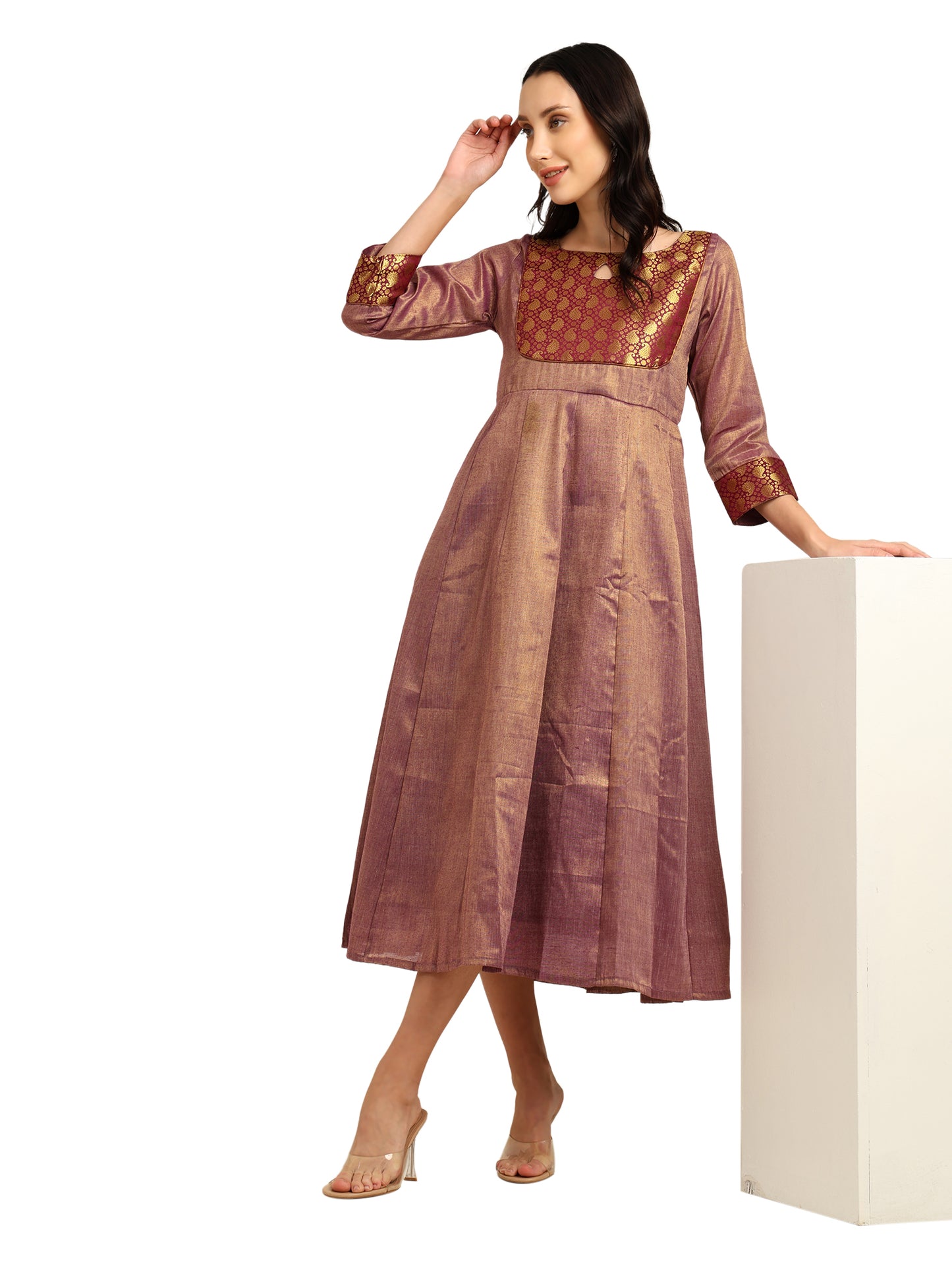 Fashily Women's Jacquard Woven Anarkali Gown | Traditional Indian Dress for Women | Tissue Frock for Women Calf Length