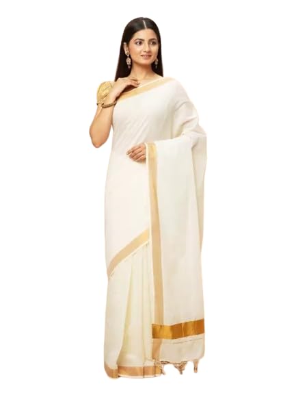 Women's Kerala Cotton Saree 2 inch Border - Gold