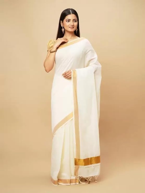 Women's Kerala Cotton Saree 2 inch Border - Gold