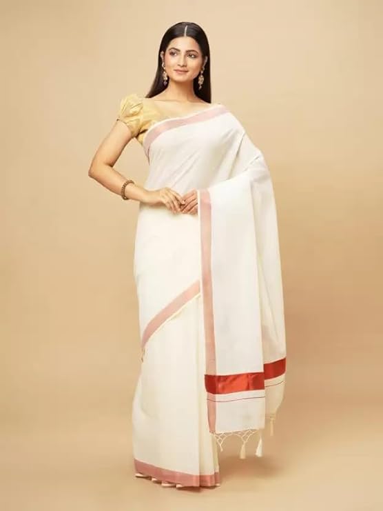 Women's Kerala Cotton Saree 2 inch Border - Copper