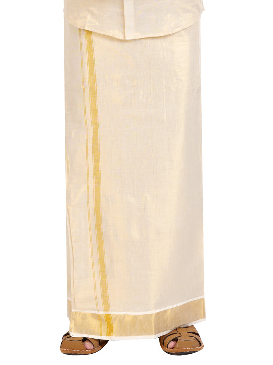 Fashily Men's Traditional Indian Shirt and Dhoti Set, Half Sleeves Tissue Silk Cotton Shirt With Double Dhoti 4 metres for men - Gold Half Sleeve Shirt and Dhoti
