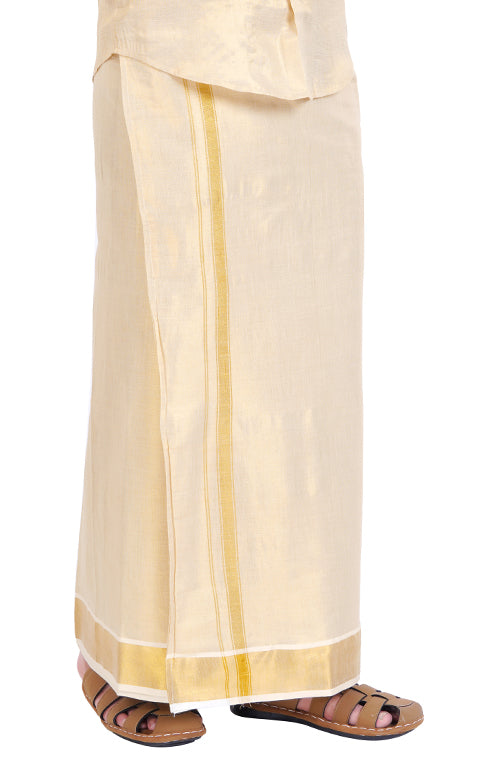 Fashily Tissue Dhoti For Men | Indian Traditional Tissue Silk Cotton Dhoti | Double Dhoti 4 metres for men - Gold TIssue Dhoti