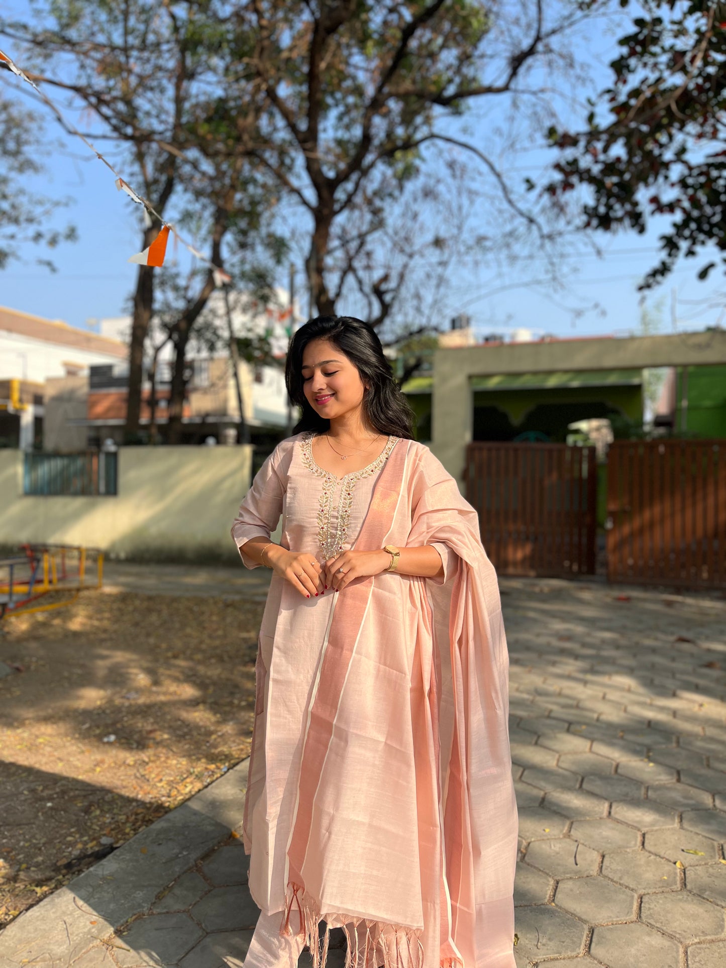 Fashily Tissue Hand Work Kurti Pant and Dupatta Set