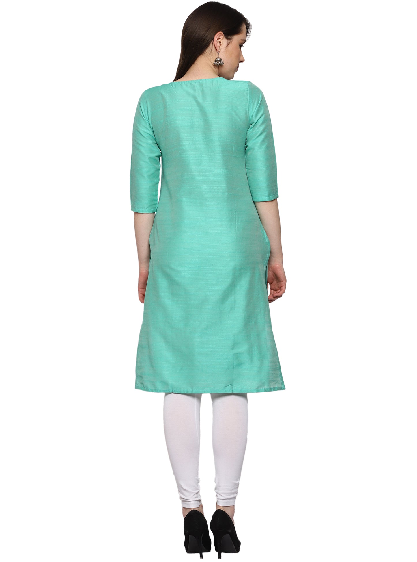 Women's Embroidery Slub Silk Kurti - Mint