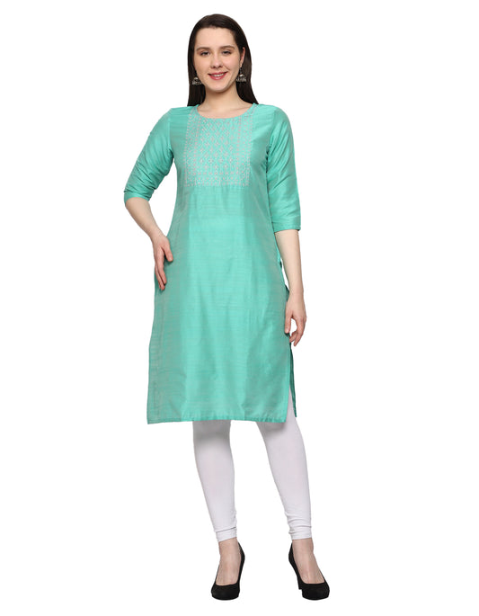 Women's Embroidery Slub Silk Kurti - Mint