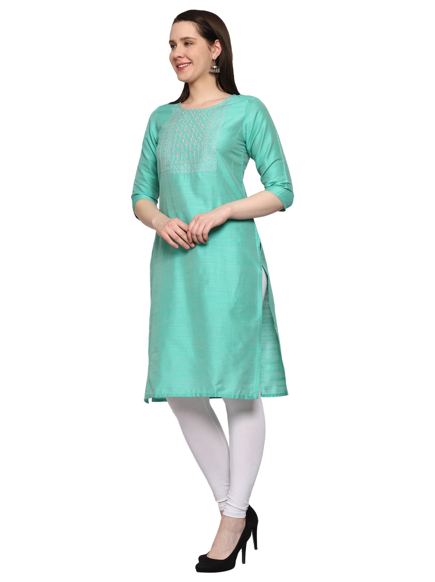 Women's Embroidery Slub Silk Kurti - Mint