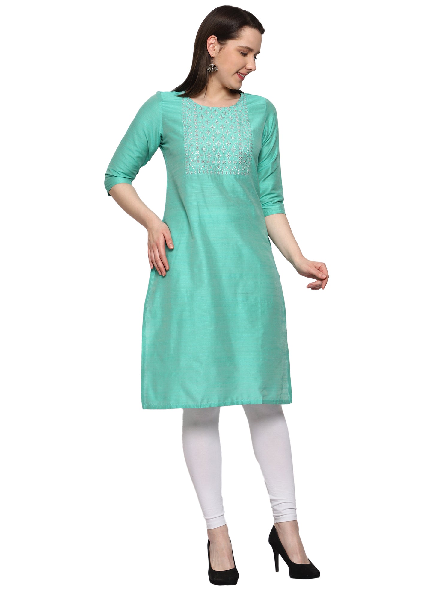 Women's Embroidery Slub Silk Kurti - Mint