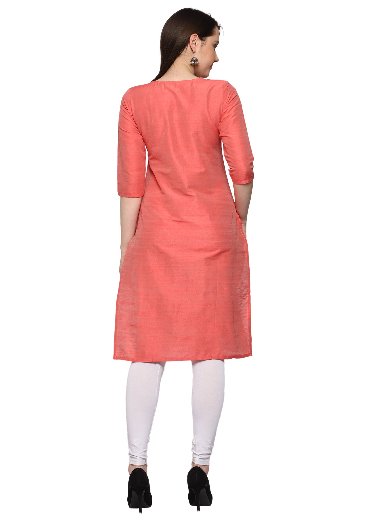 Women's Embroidery Slub Silk Kurti - Peach