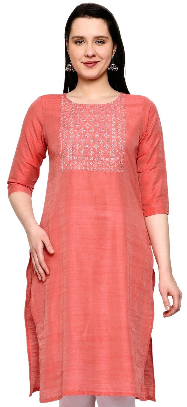 Women's Embroidery Slub Silk Kurti - Peach