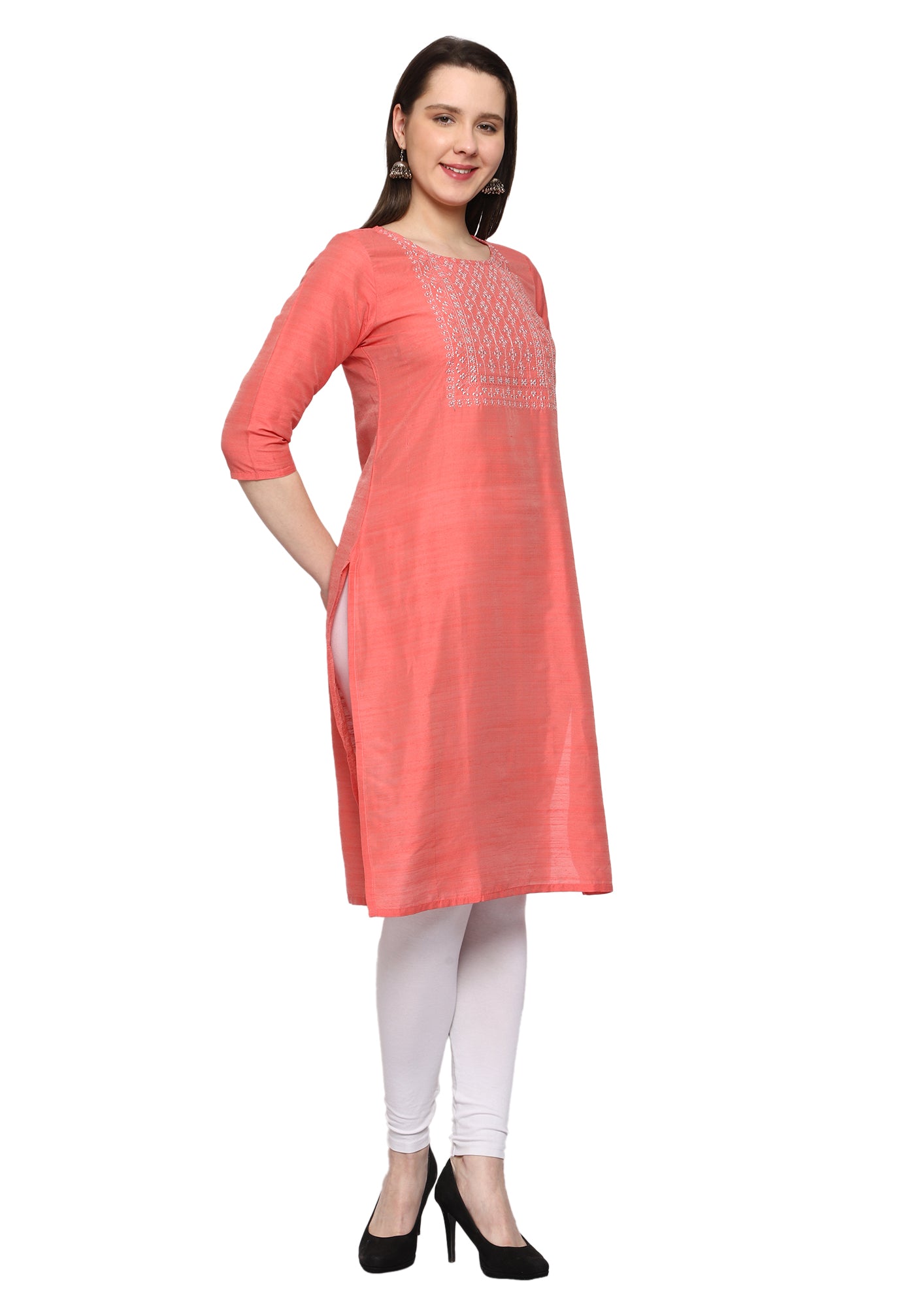 Women's Embroidery Slub Silk Kurti - Peach