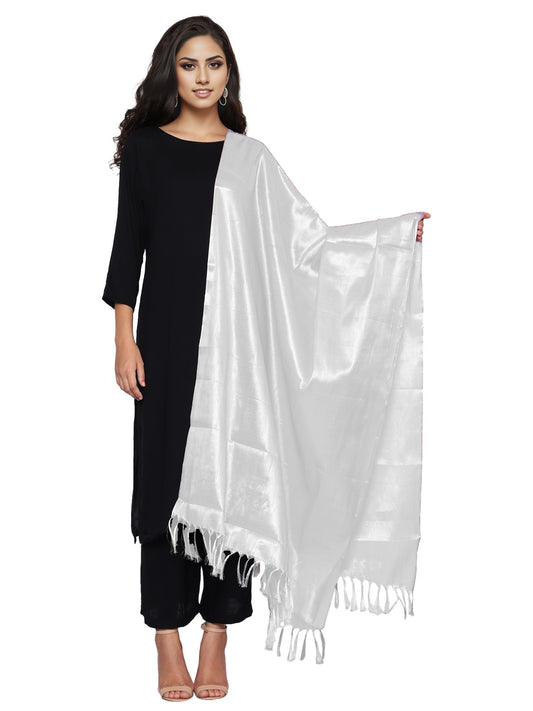 Women's Soild Silk Plain Dupatta - Silver/White