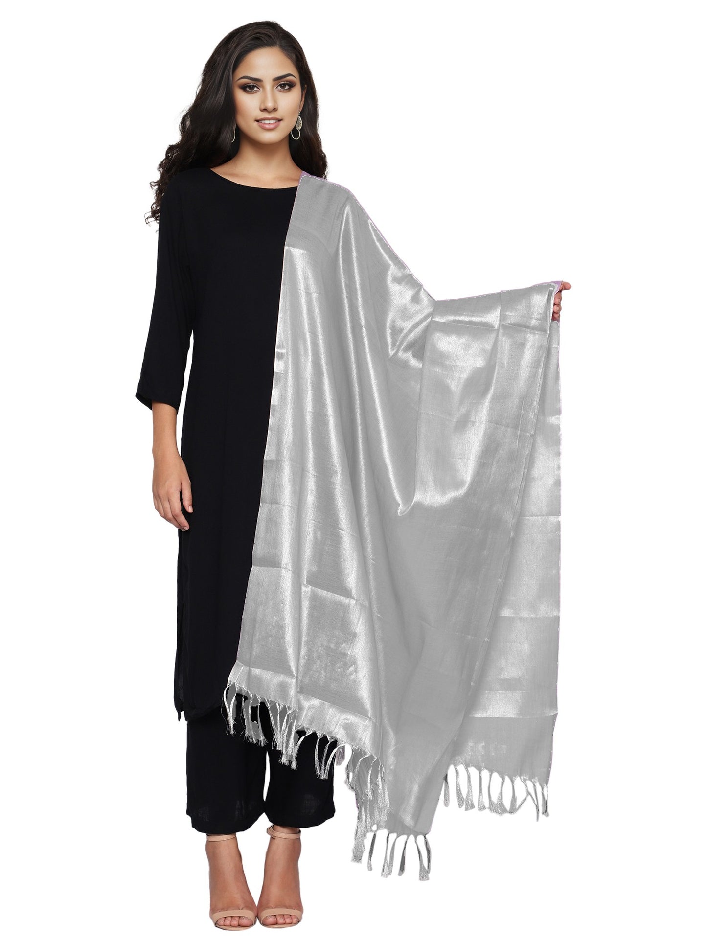 Women's Soild Silk Plain Dupatta - Silver/Grey