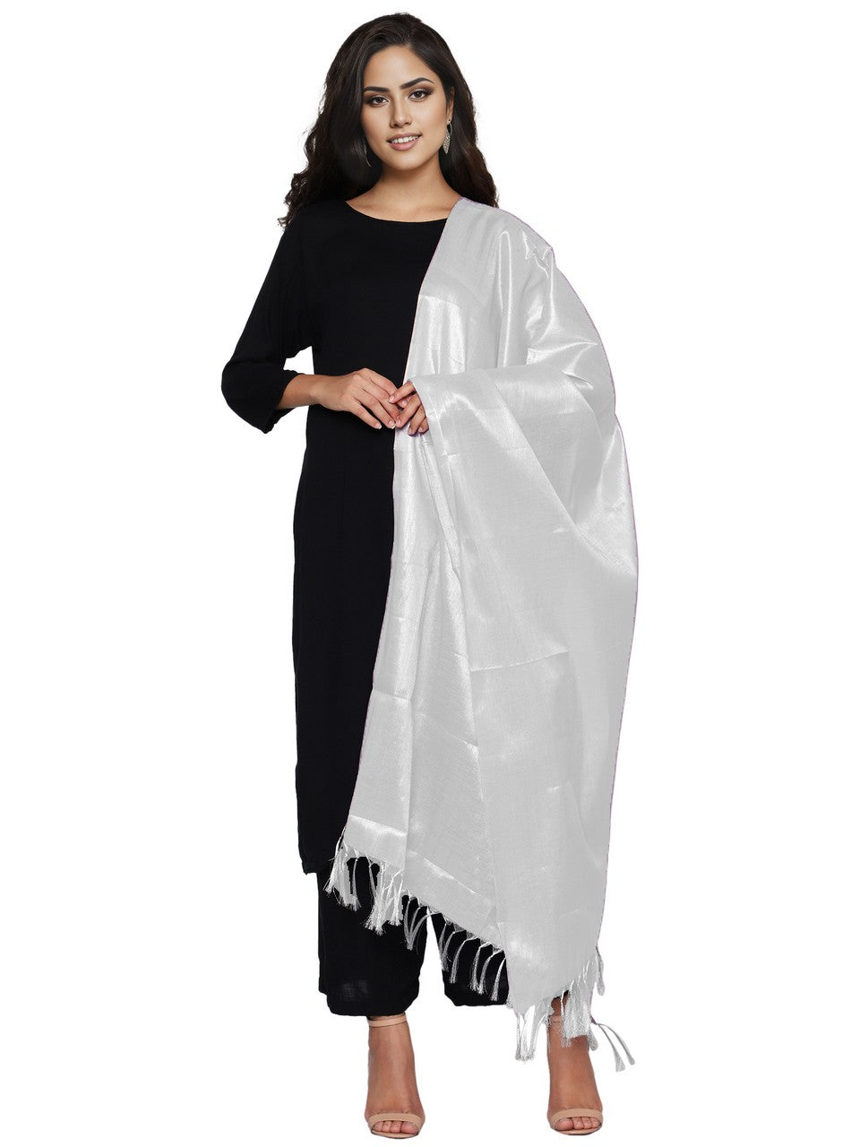 Women's Soild Silk Plain Dupatta - Silver/White