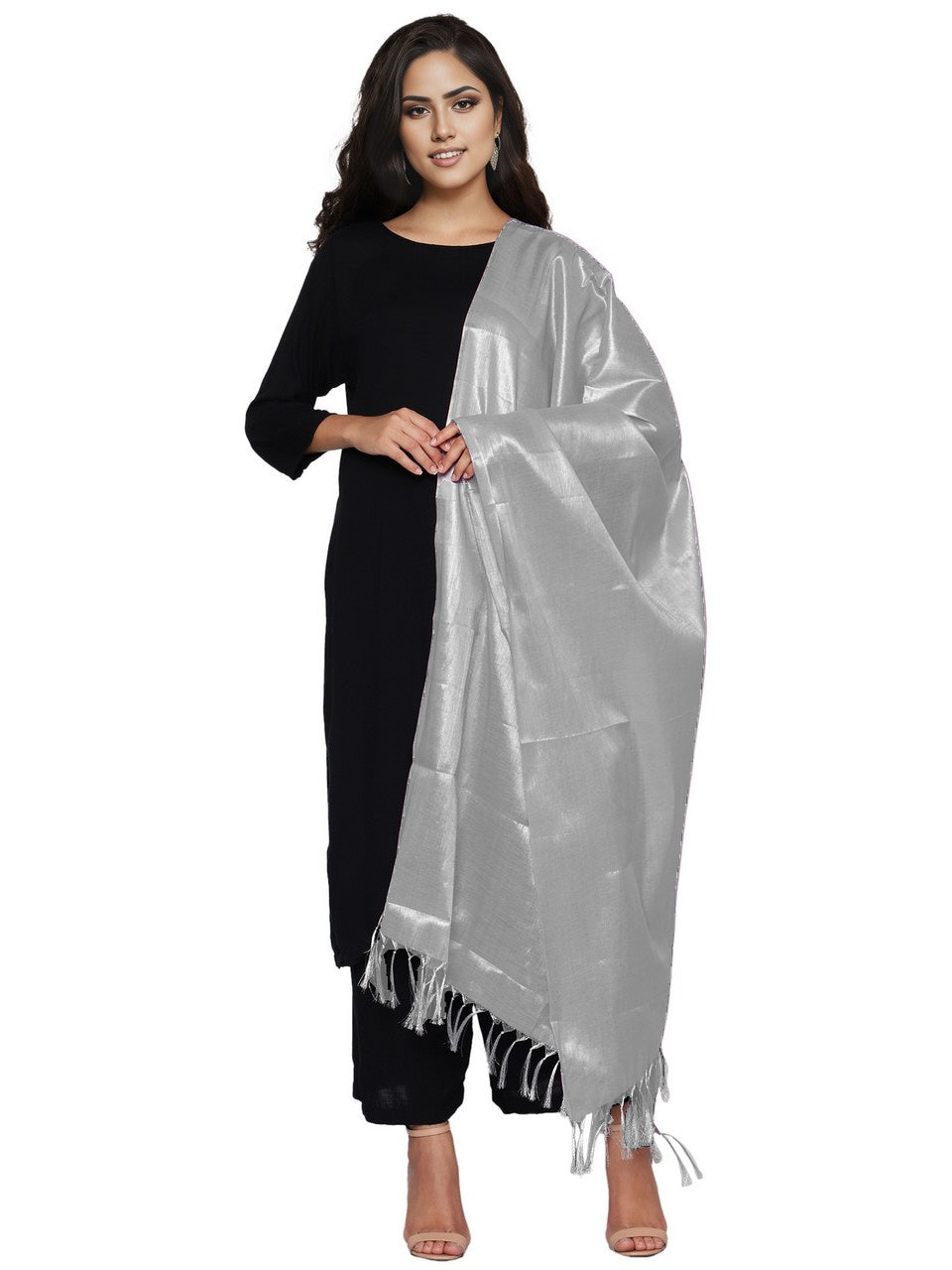 Women's Soild Silk Plain Dupatta - Silver/Grey