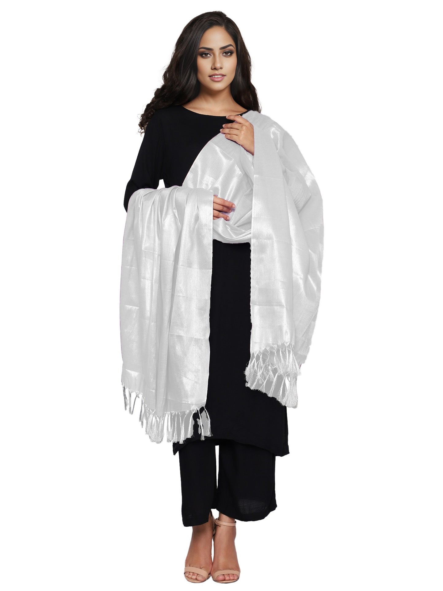 Women's Soild Silk Plain Dupatta - Silver/White