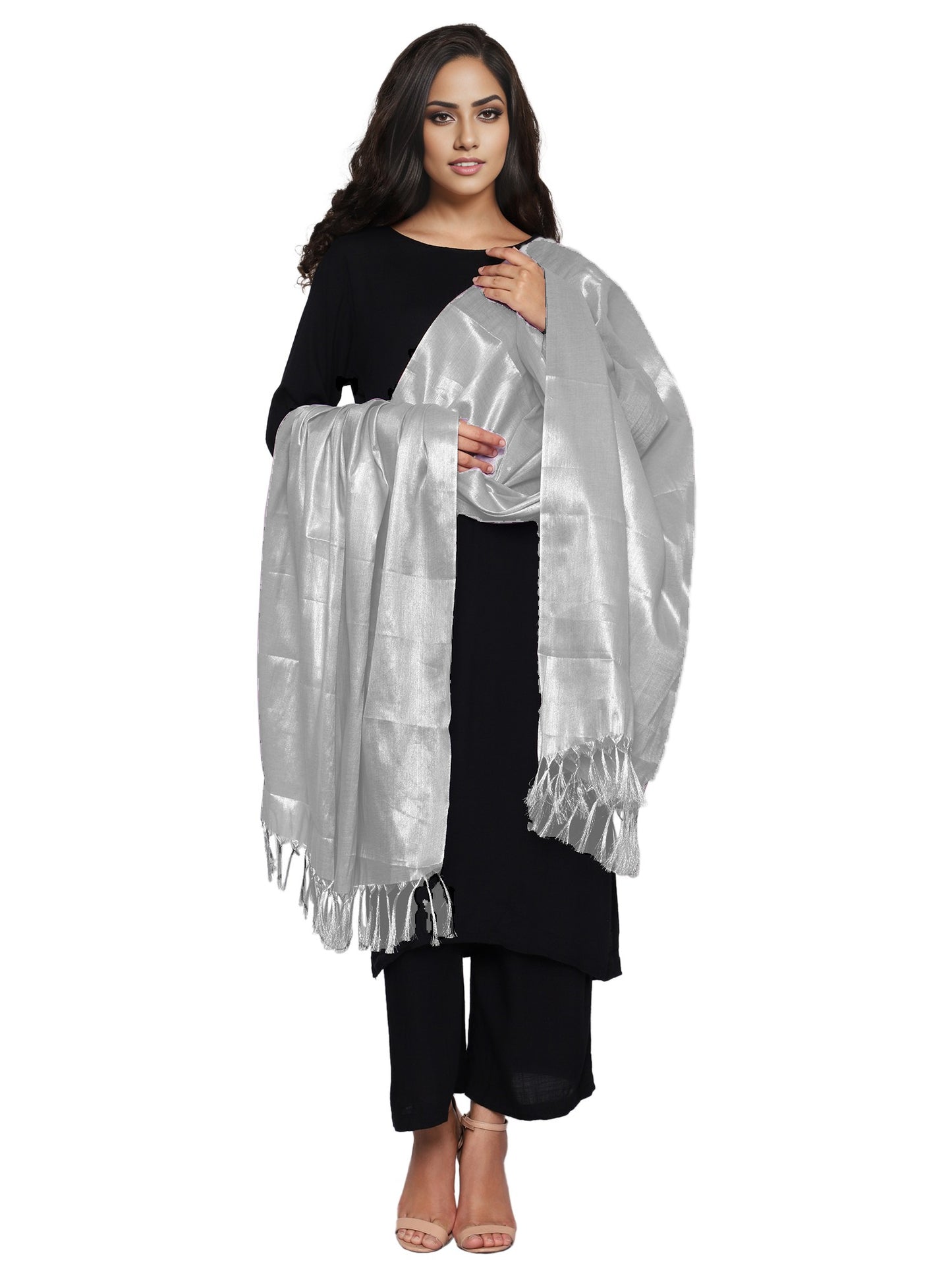 Women's Soild Silk Plain Dupatta - Silver/Grey