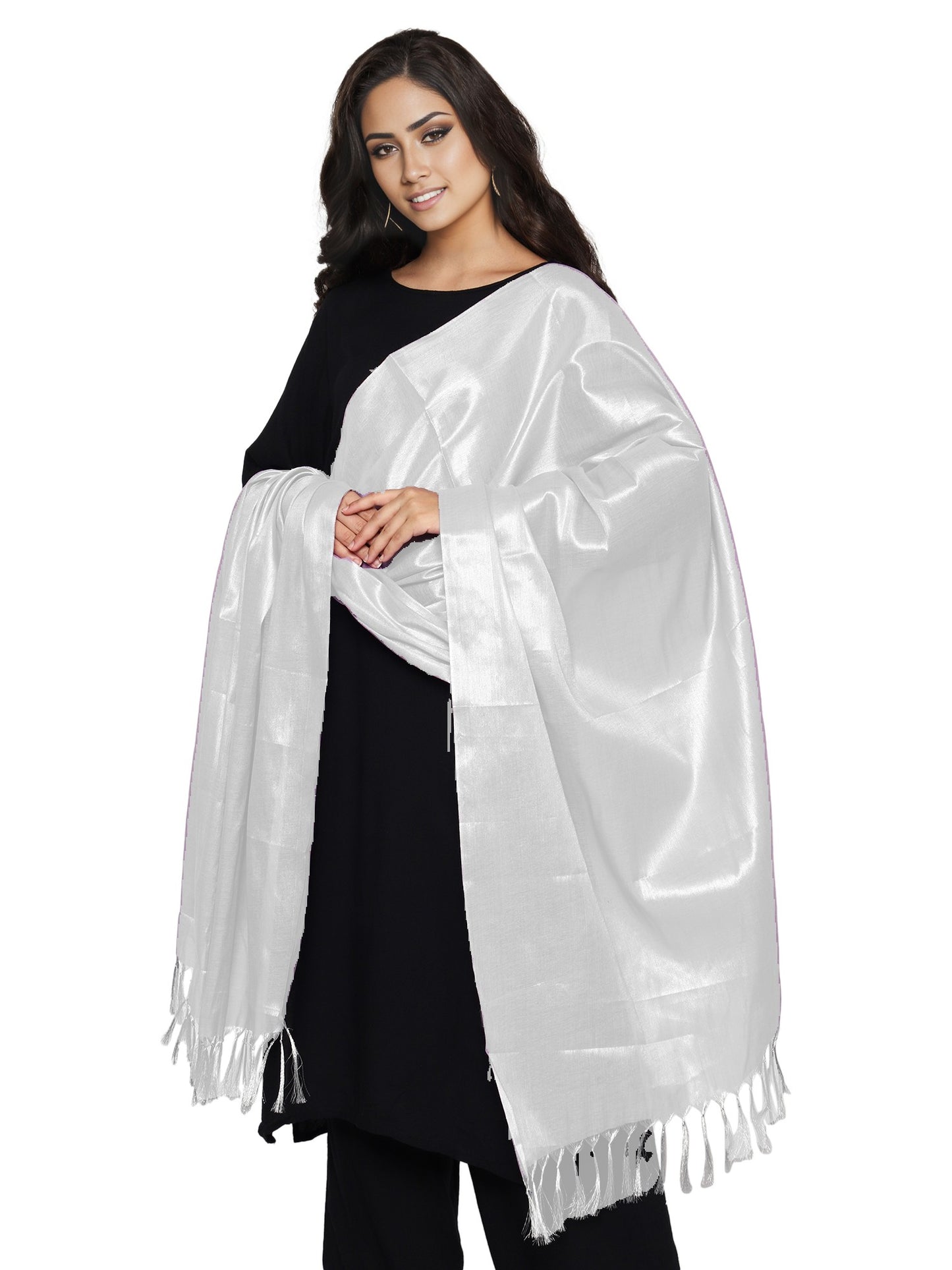 Women's Soild Silk Plain Dupatta - Silver/White