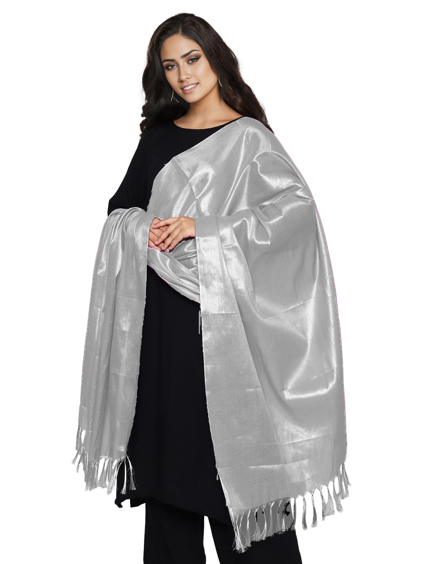 Women's Soild Silk Plain Dupatta - Silver/Grey
