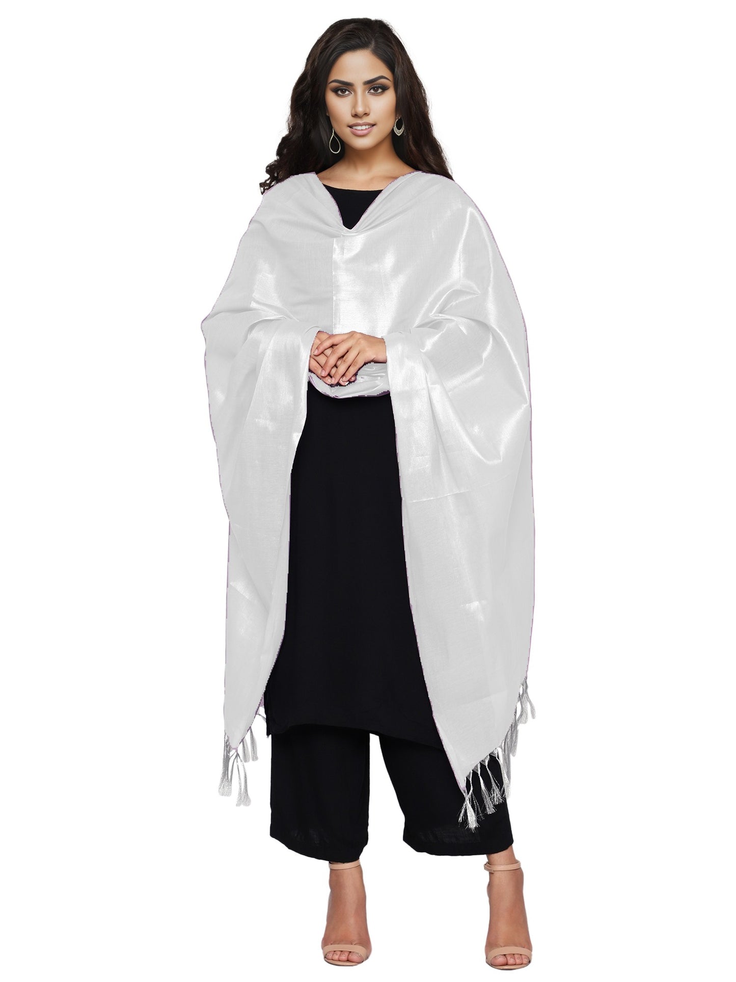 Women's Soild Silk Plain Dupatta - Silver/White