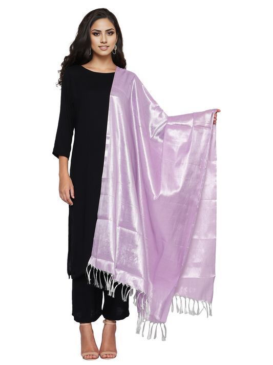 Women's Soild Silk Plain Dupatta - Silver/Light Lavender