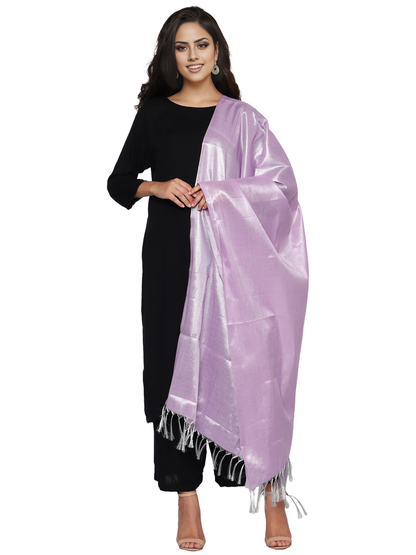 Women's Soild Silk Plain Dupatta - Silver/Light Lavender