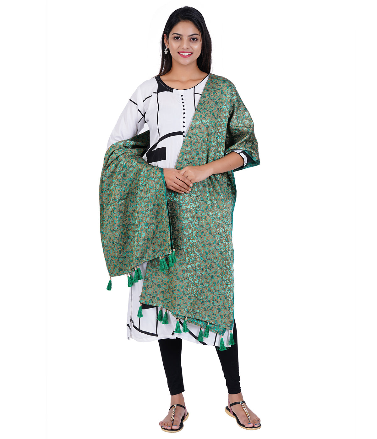 Women's Jacquard Floral Design Dupatta with Tassel Work - Green
