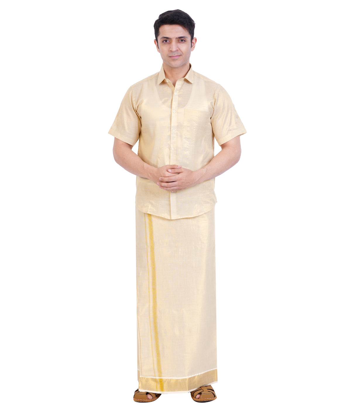 Fashily Men's Traditional Indian Shirt and Dhoti Set, Half Sleeves Tissue Silk Cotton Shirt With Double Dhoti 4 metres for men - Gold Half Sleeve Shirt and Dhoti