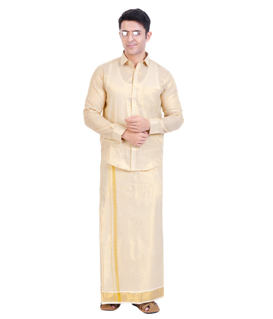 Fashily Men's Traditional Indian Shirt and Dhoti Set, Full Sleeves Tissue Silk Cotton Shirt With Double Dhoti 4 metres for men - Gold Full Sleeve Shirt and Dhoti