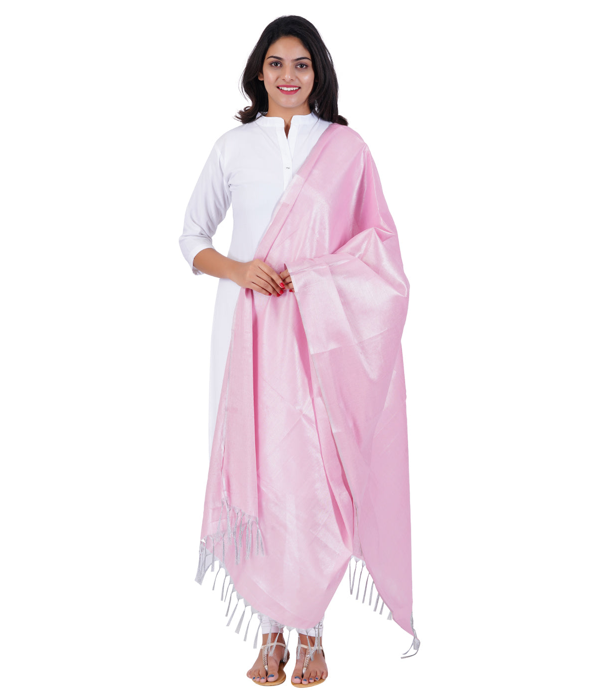 Women's Soild Silk Plain Dupatta - Silver/Light Pink