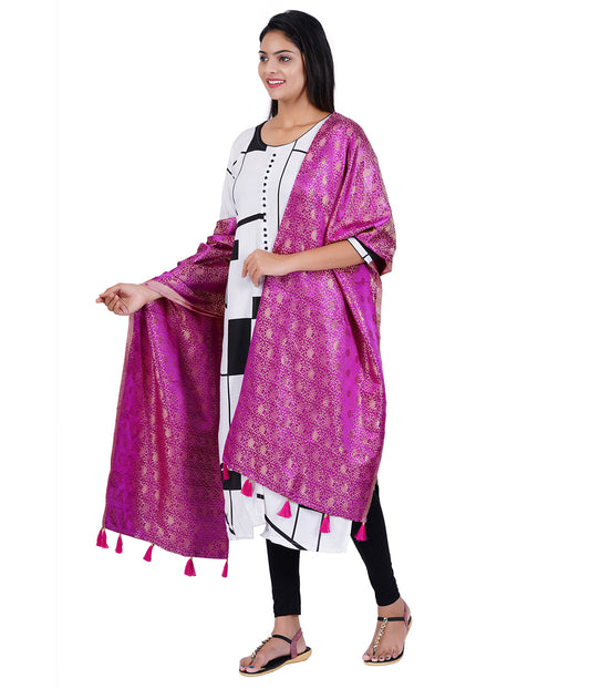 Women's Jacquard Floral Design Dupatta with Tassel Work - Majenta