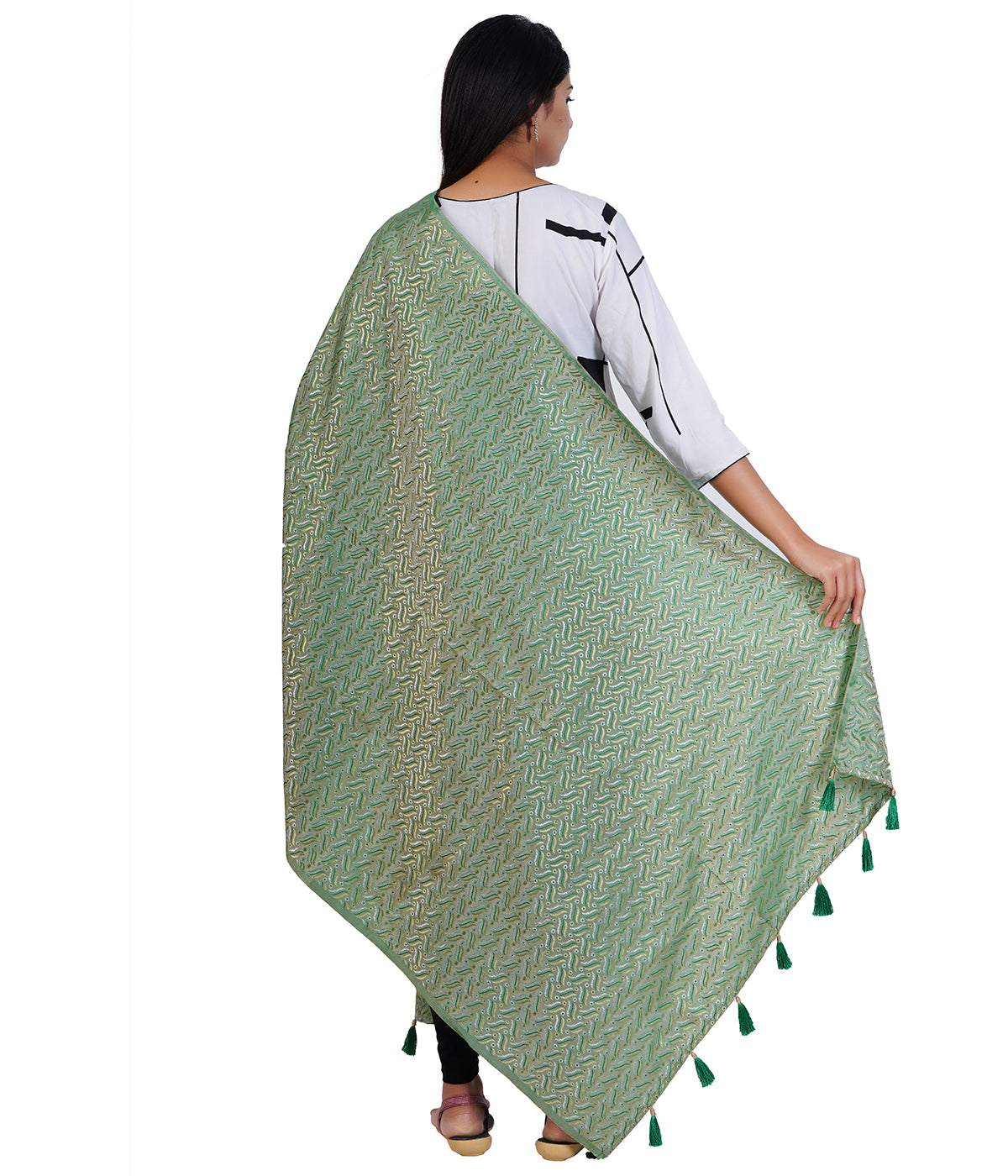 Women's Satin Jacquard Woven Dupatta - Triple Line Green