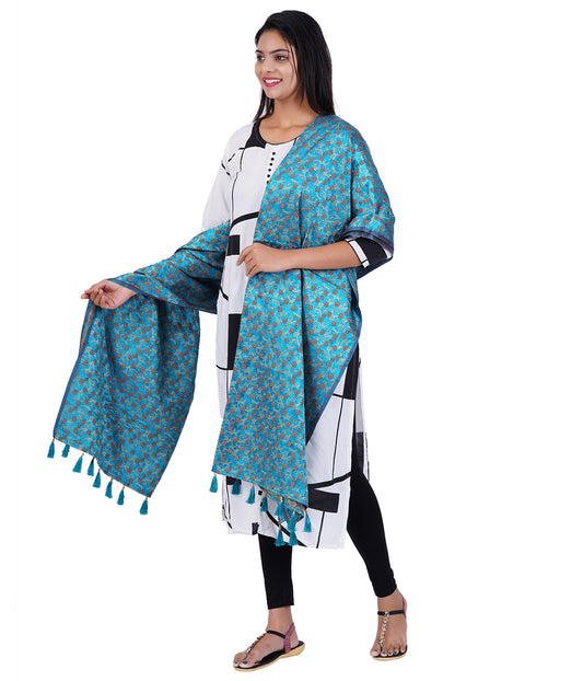 Women's Jacquard Floral Design Dupatta with Tassel Work - Anandha Blue