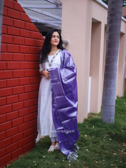 Fashily Slub Silk White Embroidered Kurti with Purple Dupatta
